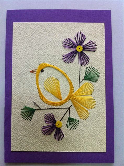 Hand Embroidered Greeting Card Yellow Bir On A Branch With Violet