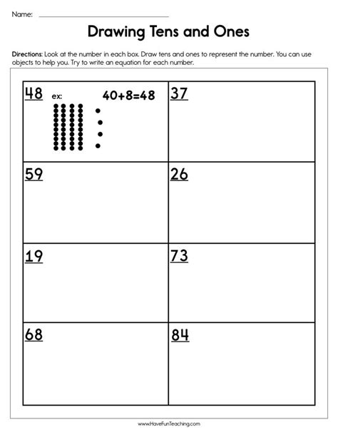 These questions on math worksheet on tens and ones in numbers will help the first grade kids to understand and practice the place value of numbers from 1 to 99. Drawing Tens and Ones Worksheet | Have Fun Teaching