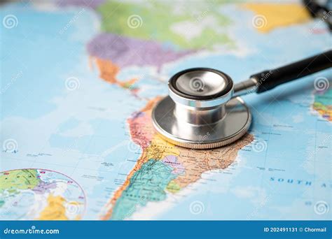 Stethoscope On South America World Globe Map Background Editorial Photo