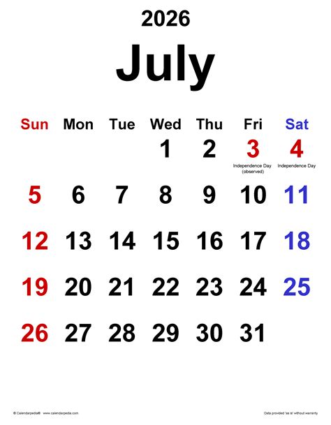 July 2026 Calendar Templates For Word Excel And Pdf