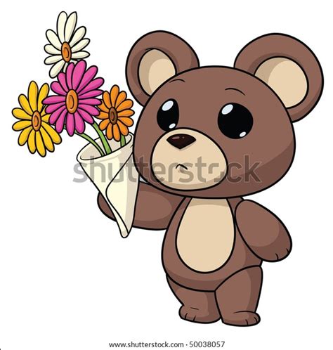 Cute Cartoon Teddy Bear Holding A Bouquet Of Flowers