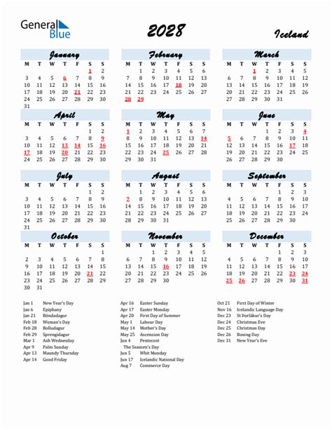 2028 Iceland Calendar With Holidays