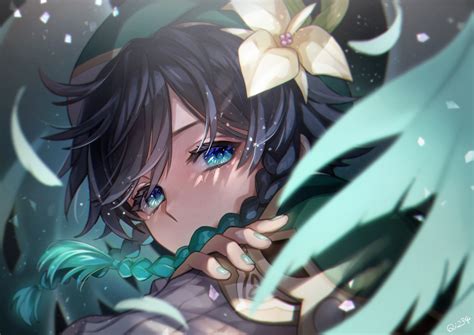 Anime Venti Genshin Impact Blue Eyes Dark Hair Flower In Hair Petals