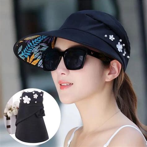 100pcslot Women Summer Sun Hats Pearl Packable Sun Visor Hat With Big
