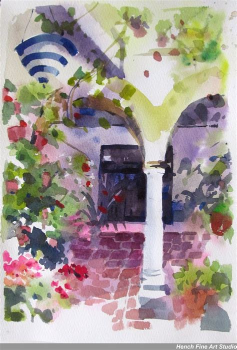 A Watercolor Painting Of A Building With Flowers On The Outside And An