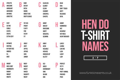 Hen Party T Shirts Name List Cheeky Catchy Naughty And Fun