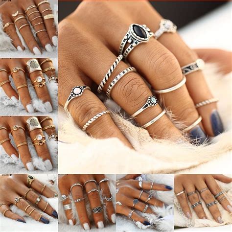 Crystal Boho Women Stack Above Knuckle Ring Midi Finger Tip Rings Set