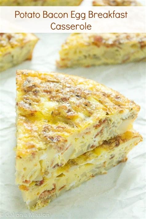 Carefully scoop out flesh from center of each potato into a medium bowl, then add butter, sour cream, chives, green onion whites, half the cheddar, and half the bacon. Amazing Potato Bacon Egg Breakfast Casserole - Gal on a ...