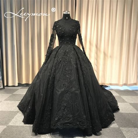 2019 Vintage Black Wedding Dress Long Train Ball Gown Full Sleeves