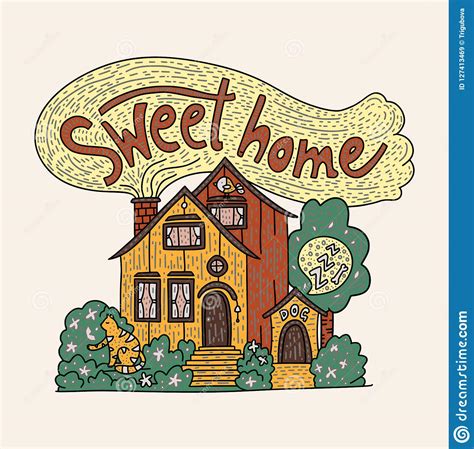 Country Doodle Detailed Cottage With Hand Drawn Lettering Sweet Home