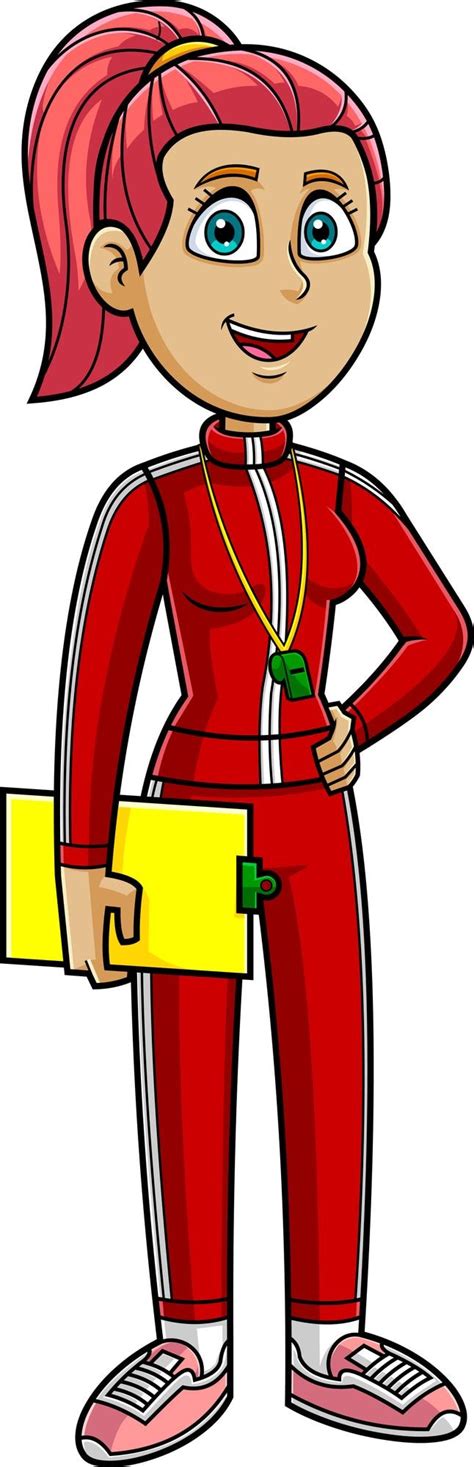 Premium Vector Female Gym Teacher Cartoon Character Speak Holding And Clipboard Vector Hand