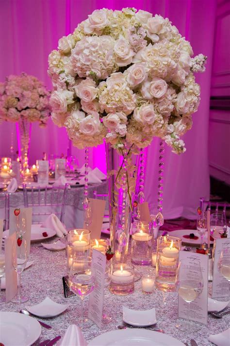 Grand White Hydrangea Rose And Crystal Centerpieces