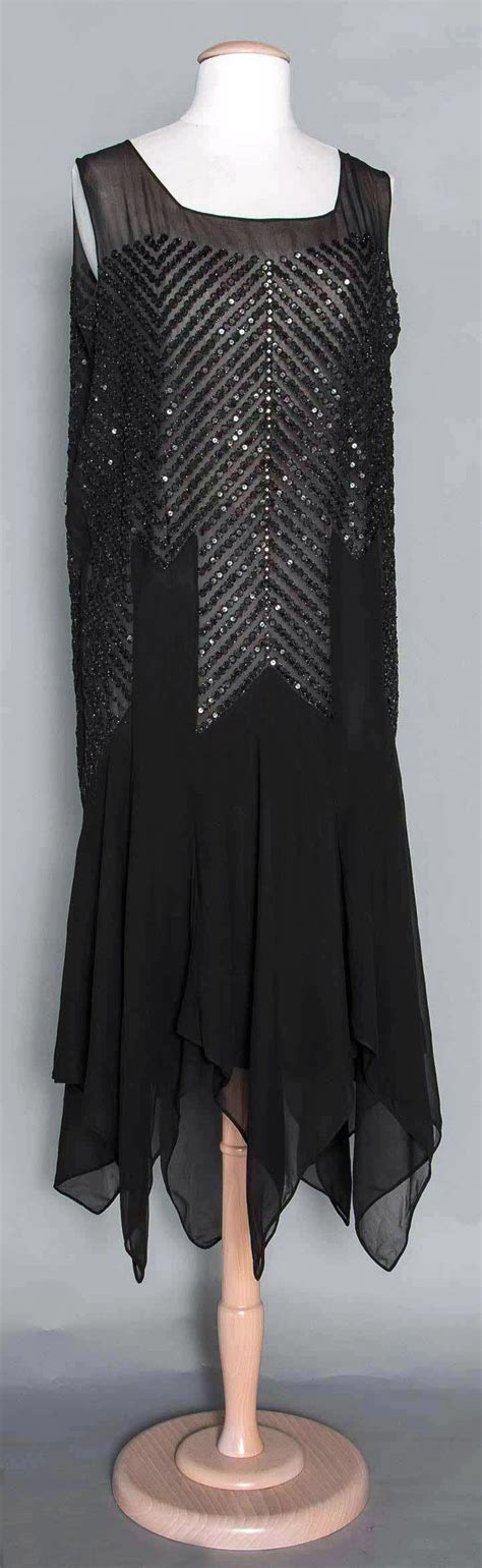 Evening Dress Ca Late 1920s Black Silk Chiffon Handkerchief Hem