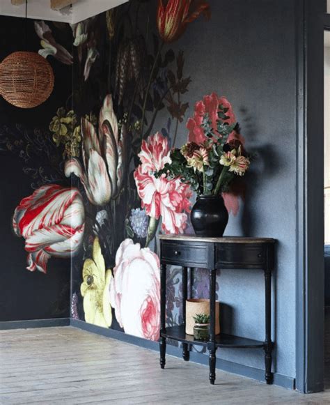 Bold Floral Wall Mural On Black Background Dark And Moody Florals And