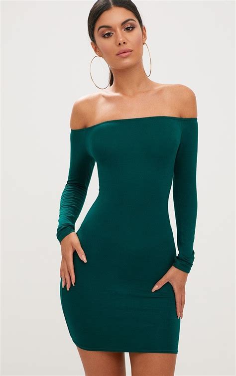 Basic Emerald Green Bardot Bodycon Dress Green Bodycon Dress Bodycon