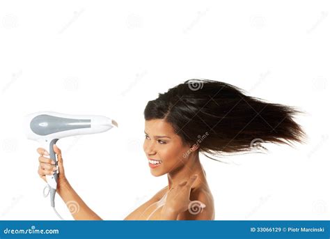 Woman With Long Hair Holding Blow Dryer Stock Image Image Of Brunette