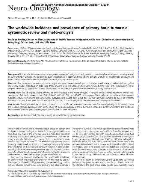 Pdf The Worldwide Incidence And Prevalence Of Primary Brain Tumors A