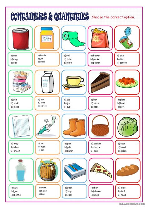 Containers Quantities Multiple Cho English Esl Worksheets Pdf Doc