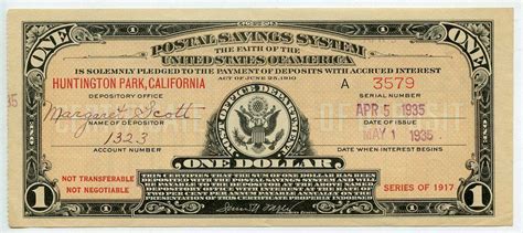 1 Postal Savings System Certificate Huntington Park Calif Series Of