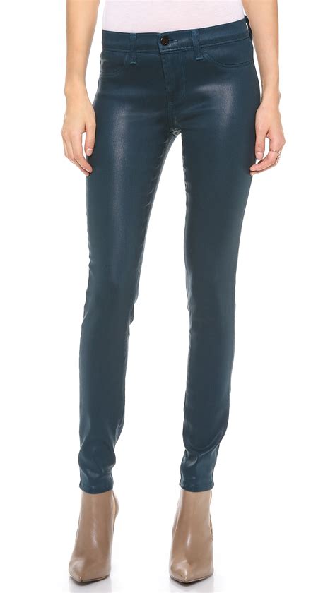 J Brand 485 Super Skinny Coated Jeans In Blue Lacquered Hemlock Lyst