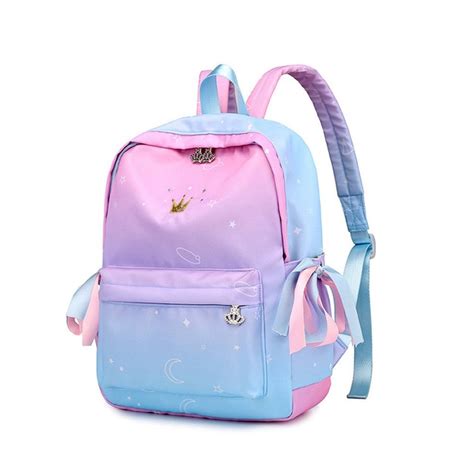 Pink Gradient Color Printing Backpack Women Ribbons Bookbag Cute Crown