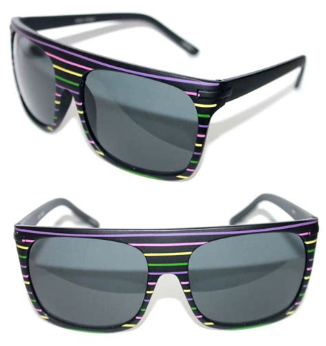 Men S Flat Top Sunglasses Super Matte Black Frame Multi Color Stripes Sport 329 Stars Retro