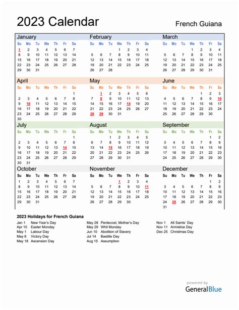 Annual Calendar 2023 With French Guiana Holidays