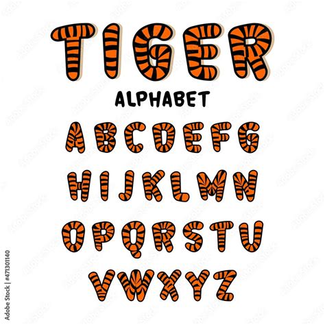 Decorative Tiger Font And Alphabet With Tiger Patterns Isolated