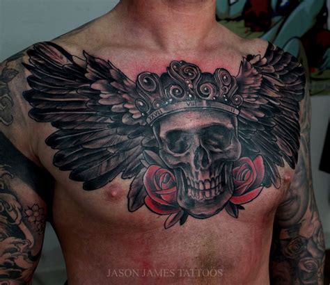 Skull Wings And Roses Tattoo By Jason James Badass Tattoos For Guys Chest Piece Tattoos