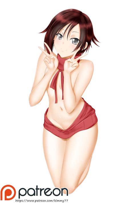 Kimmy Ruby Rose Rwby Highres Girl Blush Breasts Brown Hair Double V Grey Eyes Groin