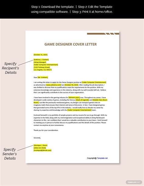 Game Designer Cover Letter Template [Free PDF] - Word | Apple Pages
