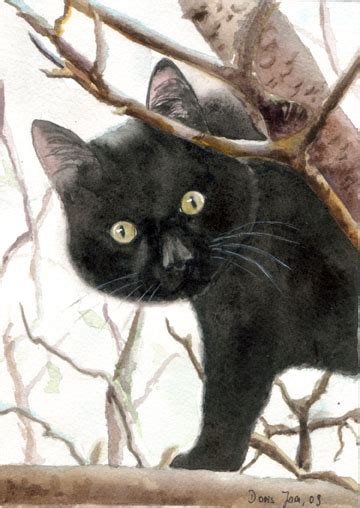 Black Cat Sitting In A Tree Girl With Brown Curls In Watercolor