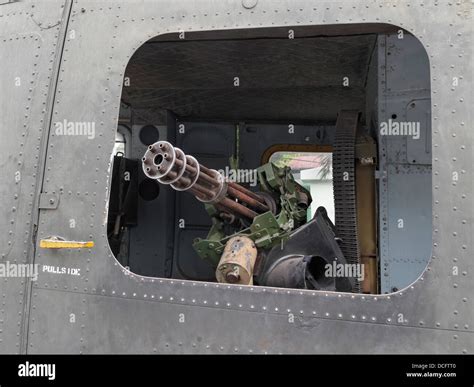 A 762mm Minigun Mounted To A Bell Uh 1 Iroquois Helicopter At The War