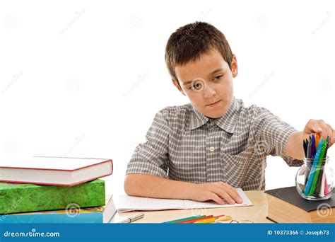 Happy Schoolboy Take The Pencil Stock Photo Image Of Sitting