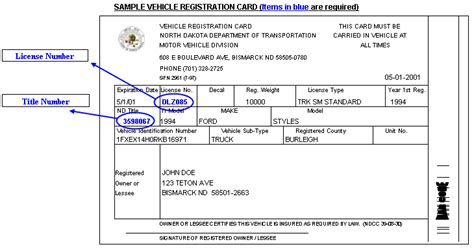 The country in which a motor vehicle's vehicle registration plate was issued may be indicated by an international licence plate country code, formerly known as an international registration letter or international circulation mark. NDDOT - MV Registration Sample