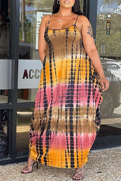 Multicolor Sexy Casual Print Tie Dye Backless Spaghetti Strap Sleeveless Dressmaxi Dresses