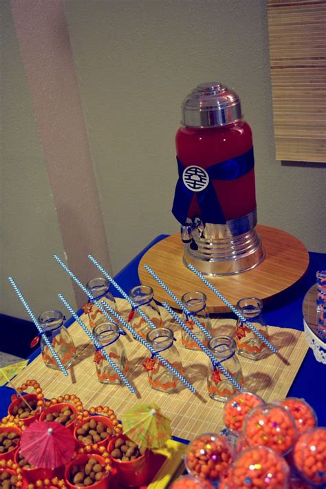 Dragon ball z party with a goku inspire cake, a dessert table with balloons, candies packaged & embellished with stars in orange and blue! 54 best images about Fiesta/tortas de Dbz :3 on Pinterest ...