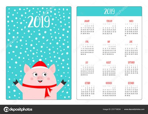 Simple Pocket Calendar Layout 2019 New Year Pig Red Winter Stock Vector