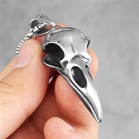 Stainless Steel Raven Skull Pendant Necklace Goth Spiritual Etsy