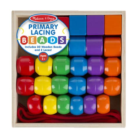 Melissa And Doug Wooden Primary Lacing Beads 28 Pieces With 2 Laces