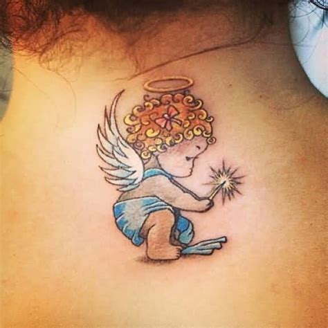 Baby angel memorial matching tattoos on back shoulder. Baby Angel Tattoos