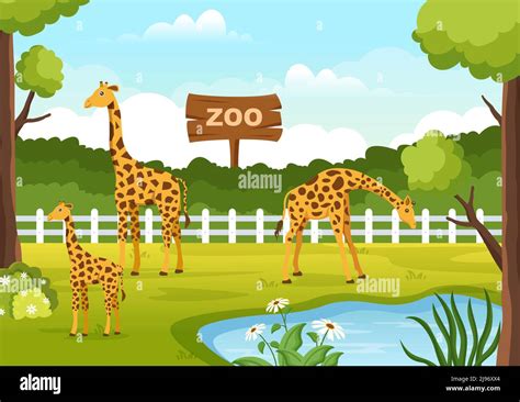Zoo Cartoon Illustration With Safari Animals Giraffe Cage And Visitors