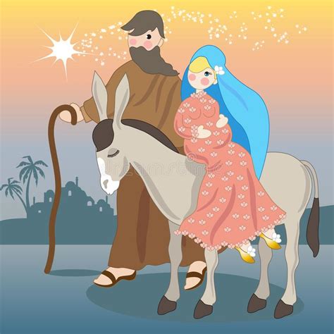 Mary On The Donkey Walks Towards Bethlehem With Joseph Stock Vector
