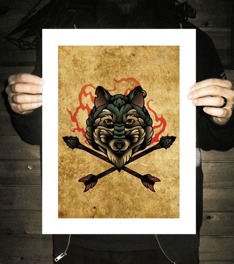 Items Similar To Wolf Cross Arrows Neo Traditional Tattoo Flash Old