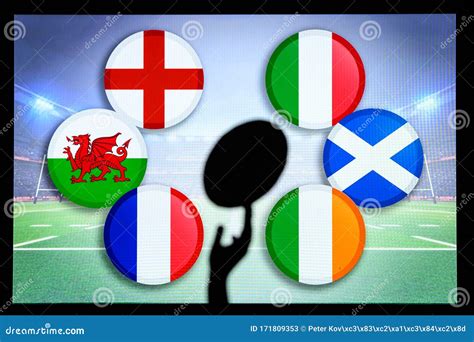 Rugby Ball Silhouette In Hand Flags Of Six Nations England Wales