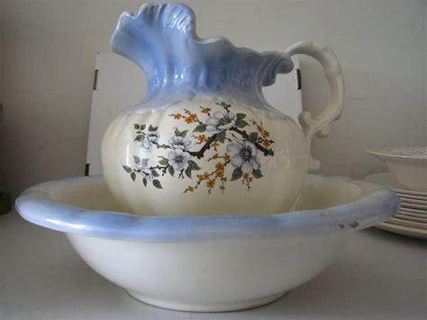 Prussia porcelain pitcher offers scalloped lip with lid surmounting faceted vessel with yellow roses, rs prussia stamp small silver plated pitcher with twisted handle and floral pattern. Transferware Wash Basin and Pitcher Antique Light Blue ...