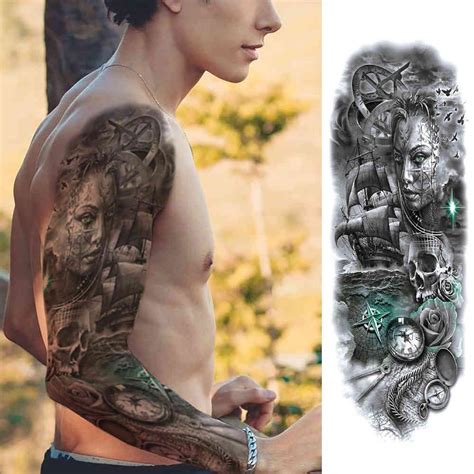 Temporary Waterproof Sticker Eye Bird Watch Pagoda Full Arm Large Size Fake Flash Tattoo Sleeve