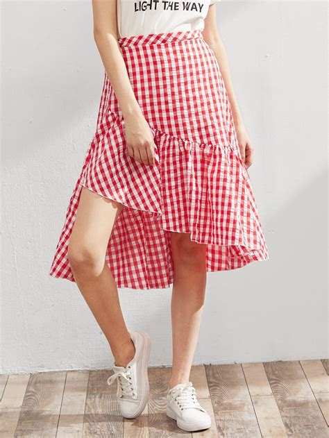 Elastic Waist Gingham Asymmetric Frill Skirt Sheinsheinside