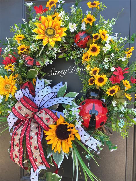 Sunflower Summer Wreath, Sunflower Wreath, Ladybug Wreath, Front Door Wreath, SassyDoors Wreath,