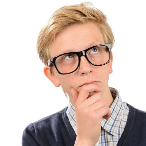 Thoughtful Nerd Boy Wearing Geek Glasses Stock Photo Image Of White